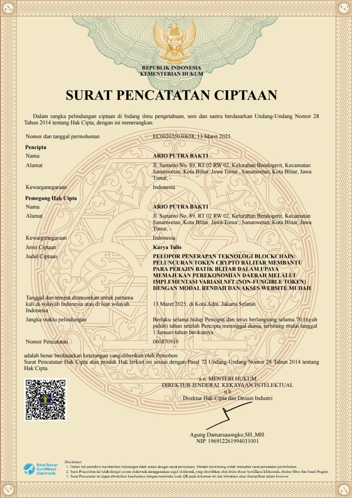 foto dokumen pencatatan penciptaan